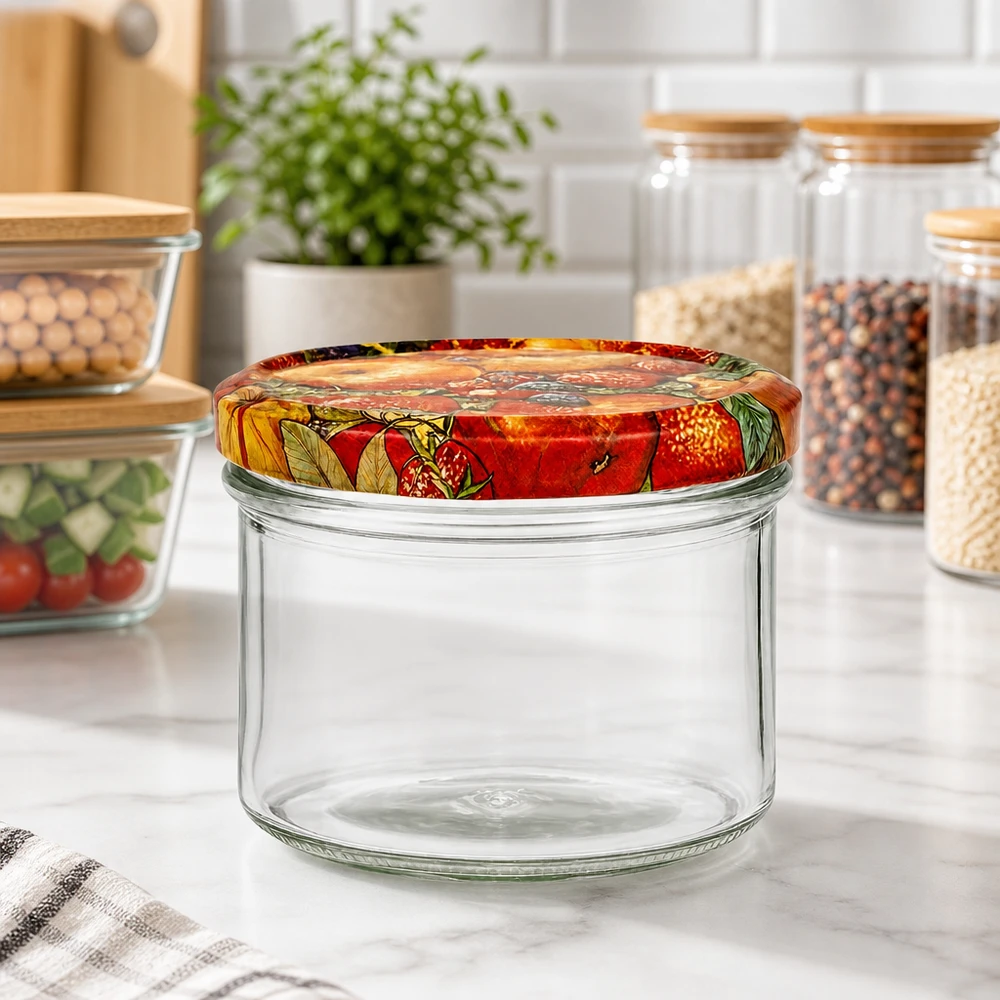 225ml Sturzglas + BasicSeal Deckel Obst-Dekor UNiTWIST 225ml Sturzglas mit Obst-Dekor Deckel in moderner Küche, leeres Vorratsglas zwischen anderen Konservengläsern