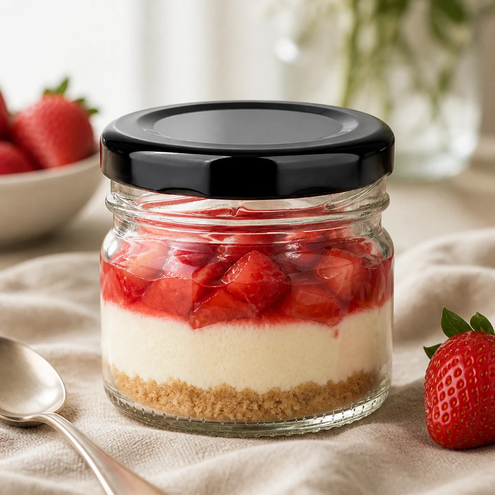 33 ml Rundglas 6er-Set mit Deckel (Deckelfarbe: schwarz) – UNiTWIST 33ml Rundglas UniTwist ideal für Dessertportionen mit luftdichtem BasicSeal Deckel schwarz