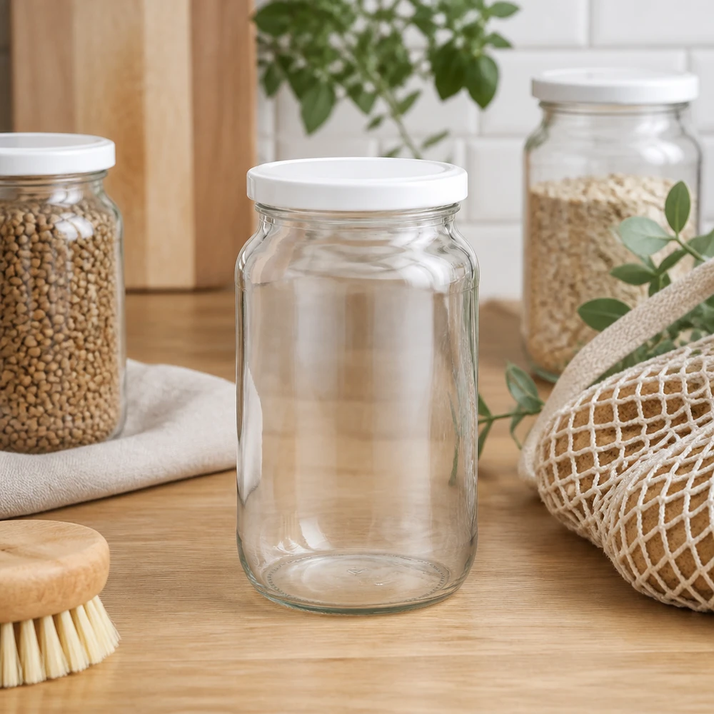 1062ml Rundglas BasicSeal Deckel leer auf Küchentheke mit Vorratsgläsern und Küchenutensilien Zero Waste Küche