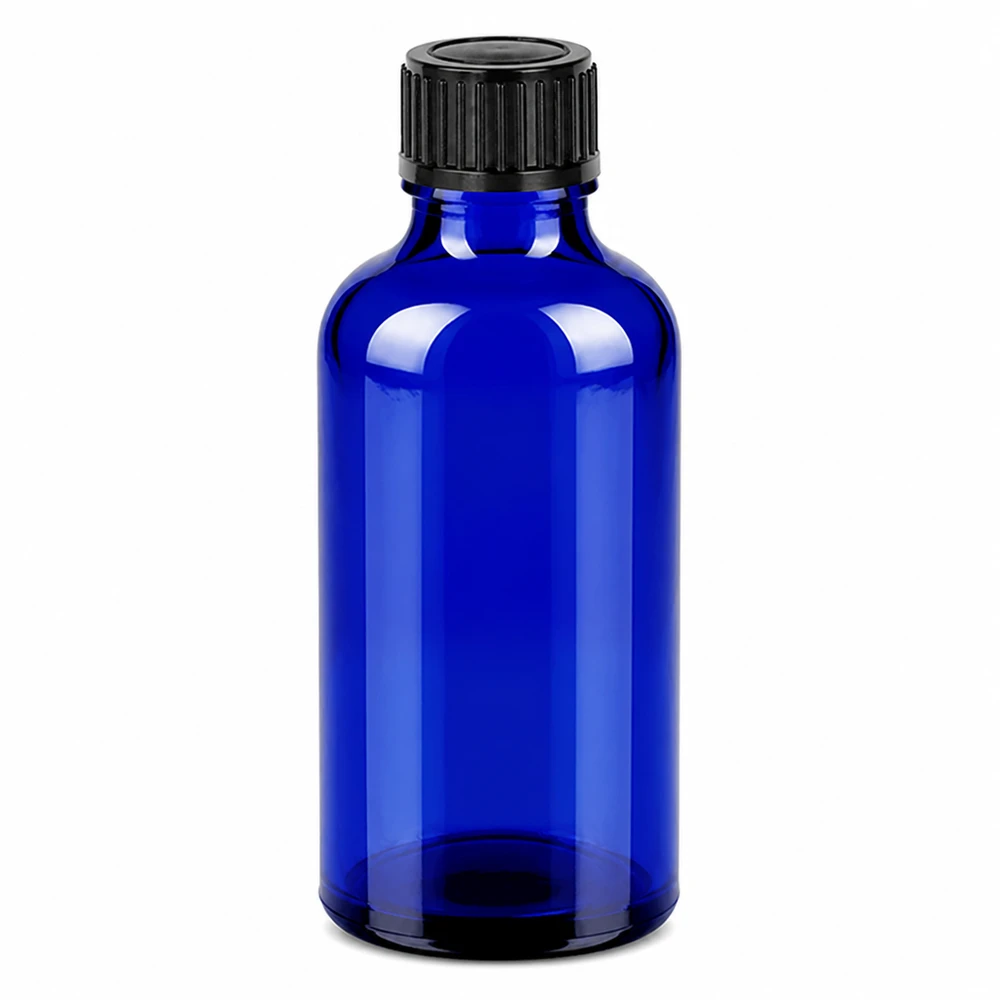 50ml Flasche 11mm Schraubverschluss schwarz Originalitätsverschluss BlueLine UT18/50 Elegante blaue Glasflasche 50ml mit gerilltem schwarzen Schraubverschluss für Labor und Praxis