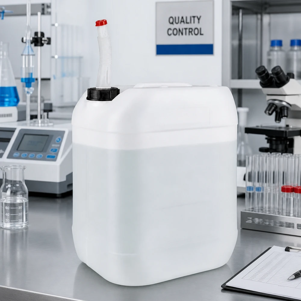 Kanister 20 Liter mit Auslaufrohr Flex Stapelbarer Industriekanister 20L mit schwarzem Schraubdeckel und Flex-Ausgießer in Weiß