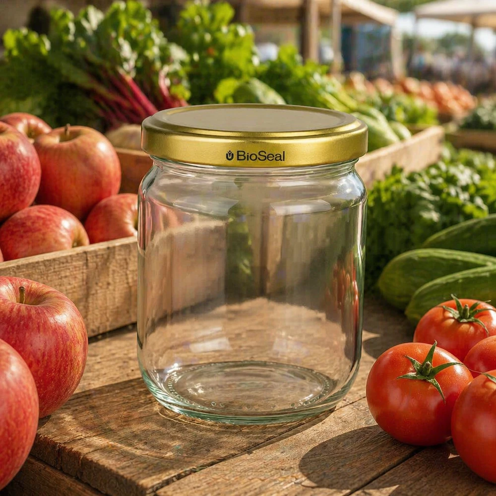 500g BioSeal Honigglas leer mit Golddeckel umgeben von frischen Äpfeln und Tomaten auf Holztisch im Freien