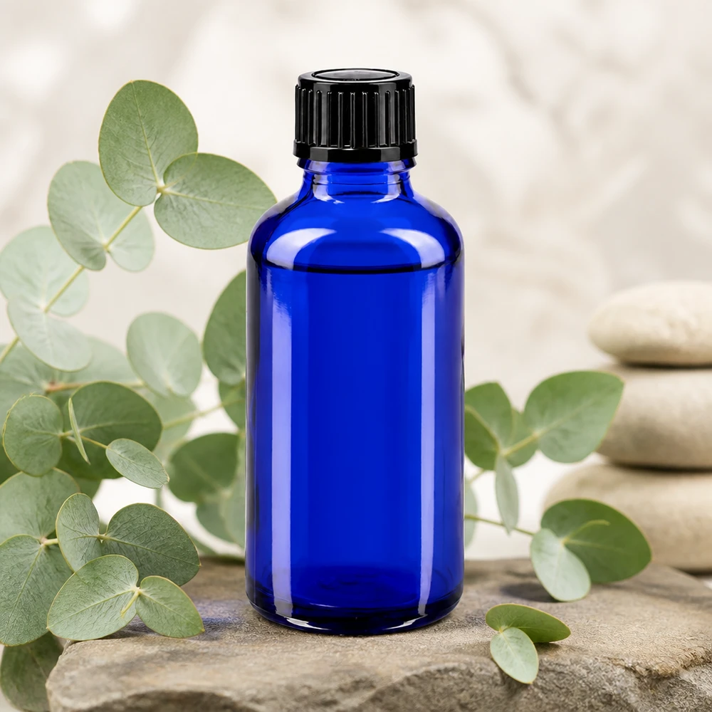 Apothekenflasche blau 50ml Tropfverschluss 1mm schwarz Standard Lichtschutz-Glasflasche 50ml in Blau mit schwarzem Tropfverschluss für ätherische Öle