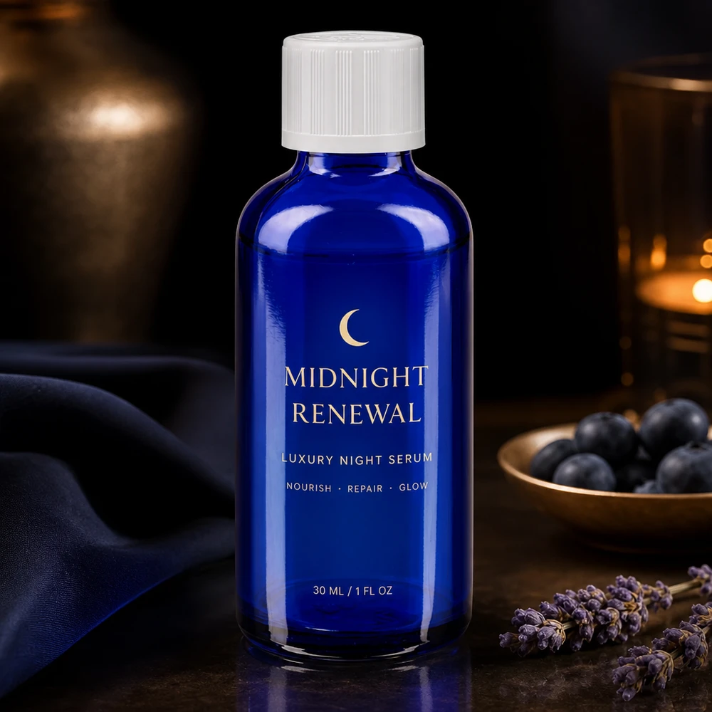 Apothekenflasche blau 50ml Tropfverschluss weiß Kindersicherung Standard Blaue Glasflasche mit 1,2mm Tropfeinsatz und weißem KiSi-Deckel im eleganten Nachtpflege-Flatlay