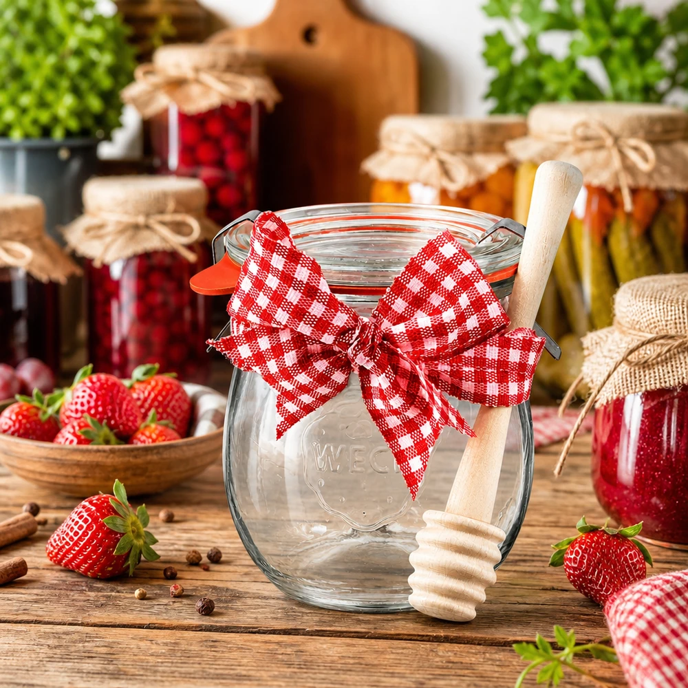 WECK-Mini-Tulpenglas 220ml komplett mit Honiglöffel Einmachglas WECK 220ml mit roter Schleife und Holz-Honiglöffel, umgeben von Marmeladengläsern und Erdbeeren