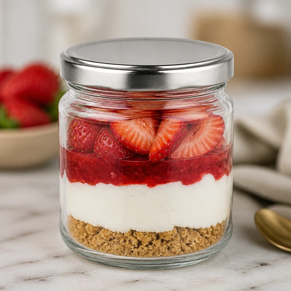 212ml Rundglas + BasicSeal Deckel silber TO63 UNiTWIST 212ml Rundglas mit BasicSeal Deckel als Dessertglas für Erdbeer-Cheesecake im Glas mit Keksboden und Sahne