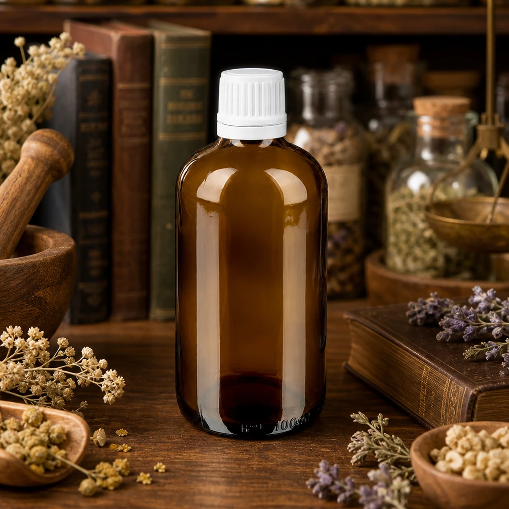 100ml Apothekerflasche Braunglas mit weißem OV zwischen Lavendel Kamille und Kräutern