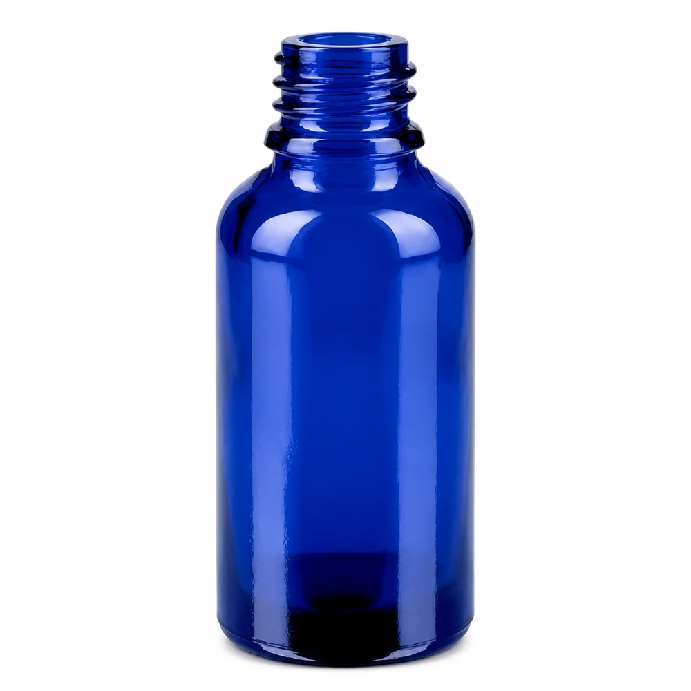 Kompakte 30ml Blauglasflasche mit weiter Öffnung für einfaches Befüllen und Entleeren