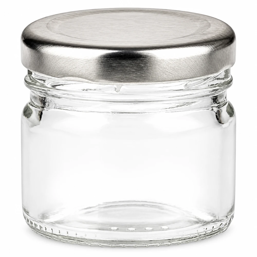 Winziges Vorratsglas aus Klarglas 33ml mit glänzendem Metalldeckel silber
