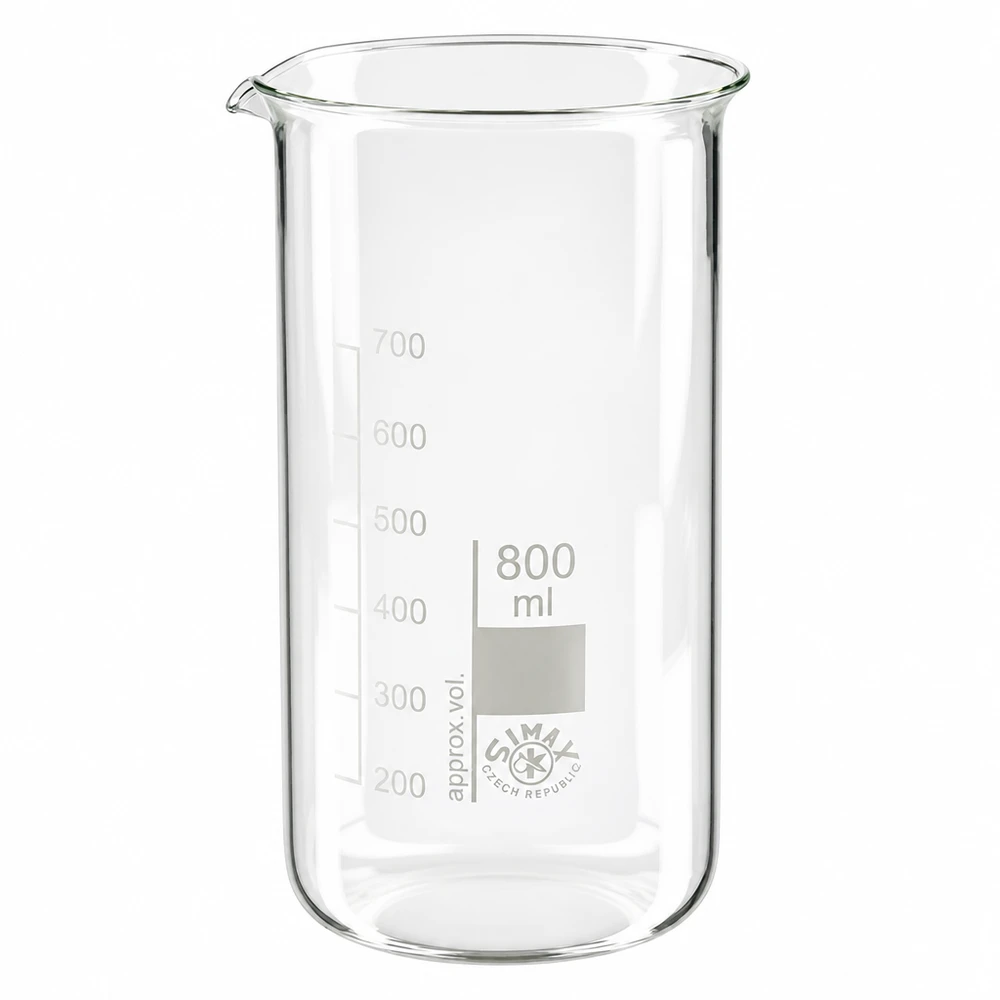 Klares Laborglas 800ml hohe Ausführung mit Volumenskala 200 bis 700ml aus Borosilikatglas