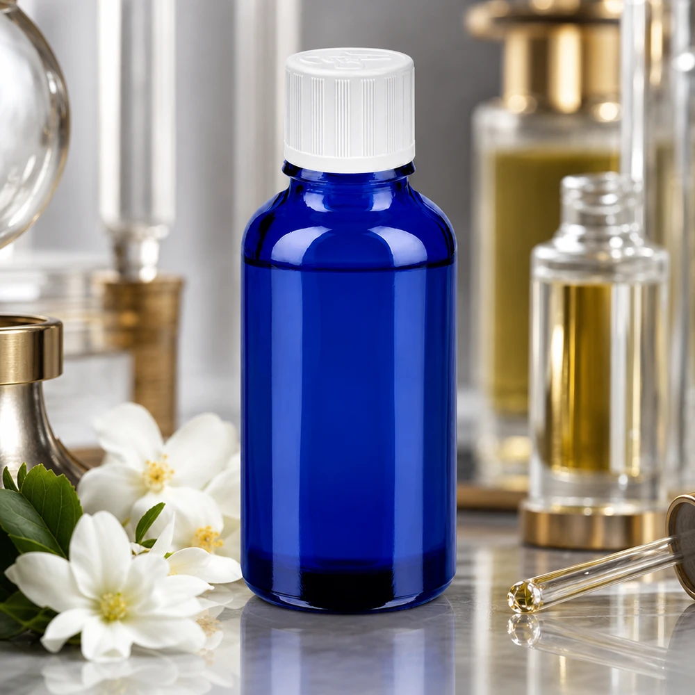 30ml Flasche 11mm Schraubverschluss weiß Standard Kindersicherung BlueLine UT18/30 Stilvolle 30ml Blauglasflasche mit praktischem Verschlusssystem für Aromatherapie-Mischungen