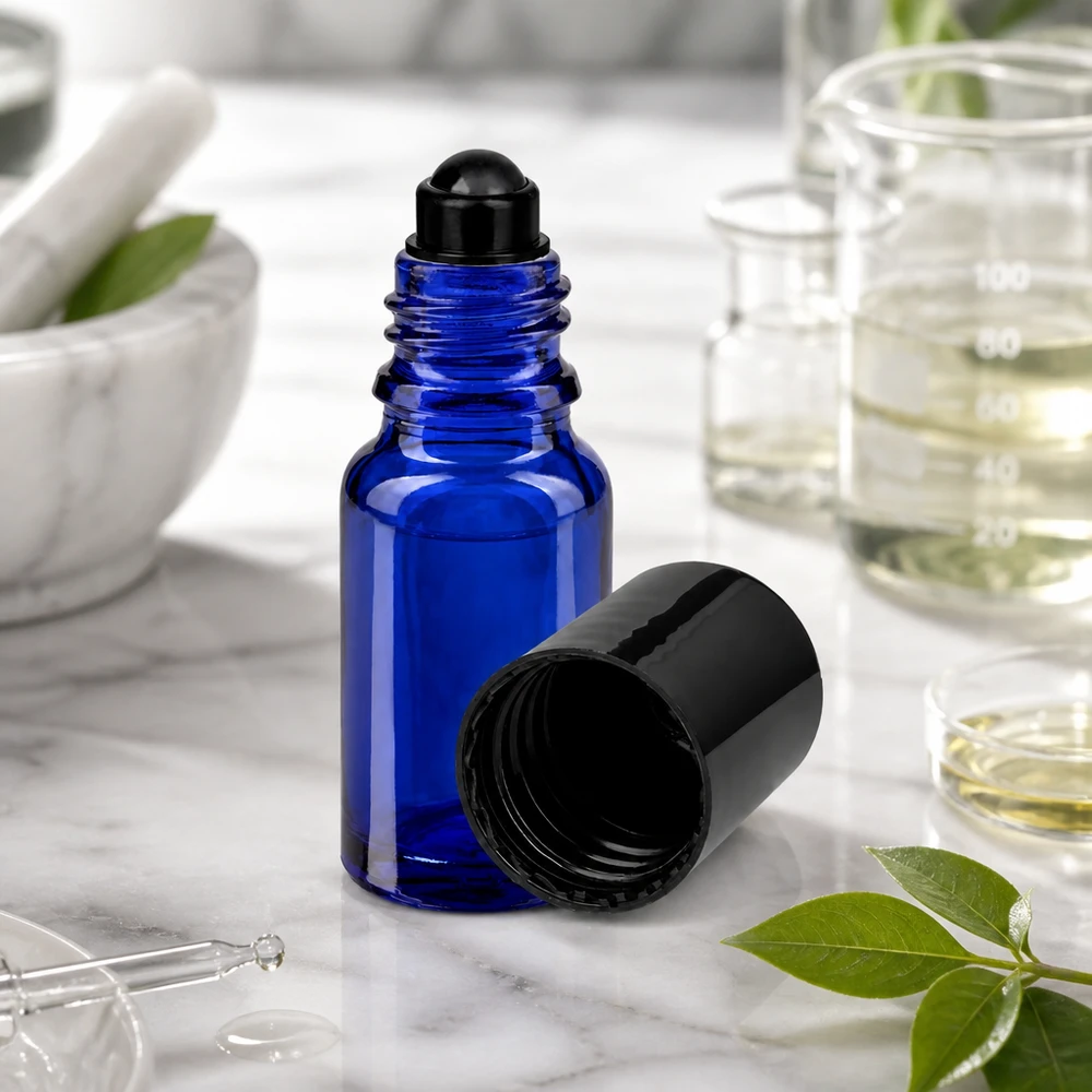 Apothekenflasche blau 10ml Roll-On Verschluss schwarz Blaue 10ml Glasrollerflasche mit schwarzer Kugel für Parfum und Öle auf weißer Marmoroberfläche