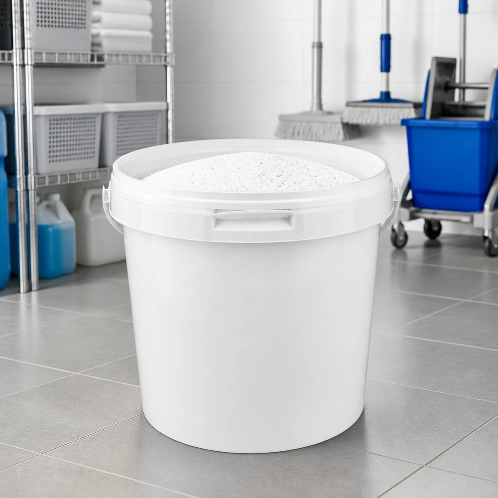 Eimer 5.6L aus weißem Kunststoff Polypropylen mit Deckel Mehrzweckeimer 5,6 Liter aus weißem PP mit Deckel für Pulver Granulat und Reinigungsmittel