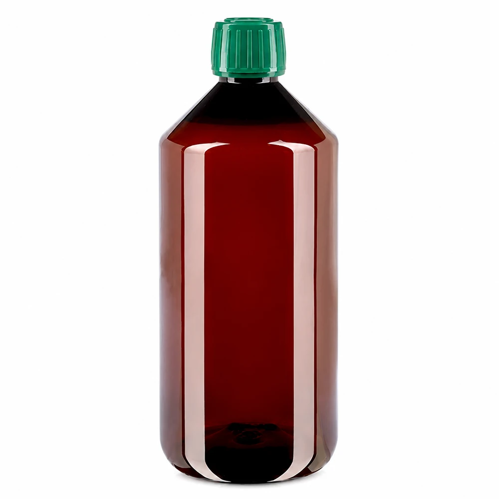 PET Flasche 1000ml mit grünem Verschluss Originalitätsverschluss Apothekerflasche 1000ml aus braunem PET Kunststoff mit grünem Schraubverschluss OV