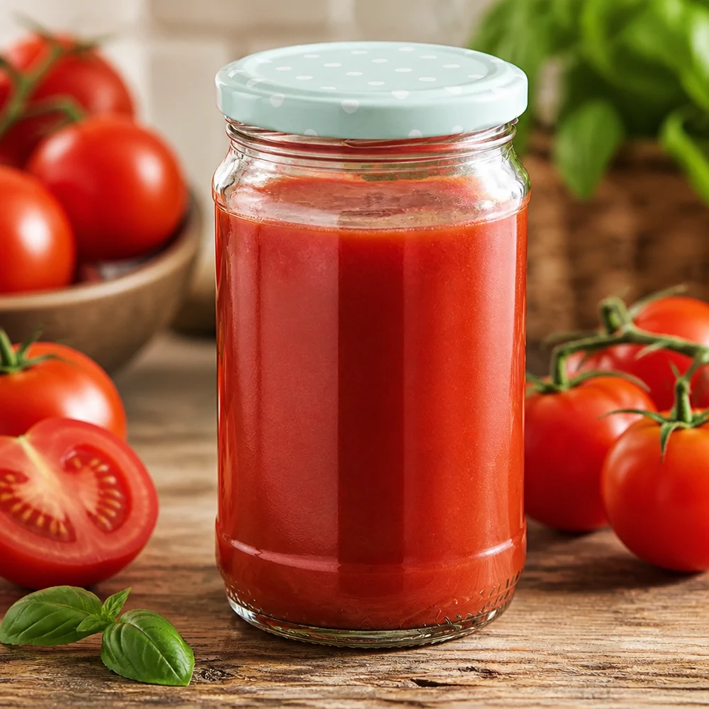 370ml UNiTWIST Rundglas mit BasicSeal Punkte mint gefüllt mit roter Tomatensauce Holzuntergrund