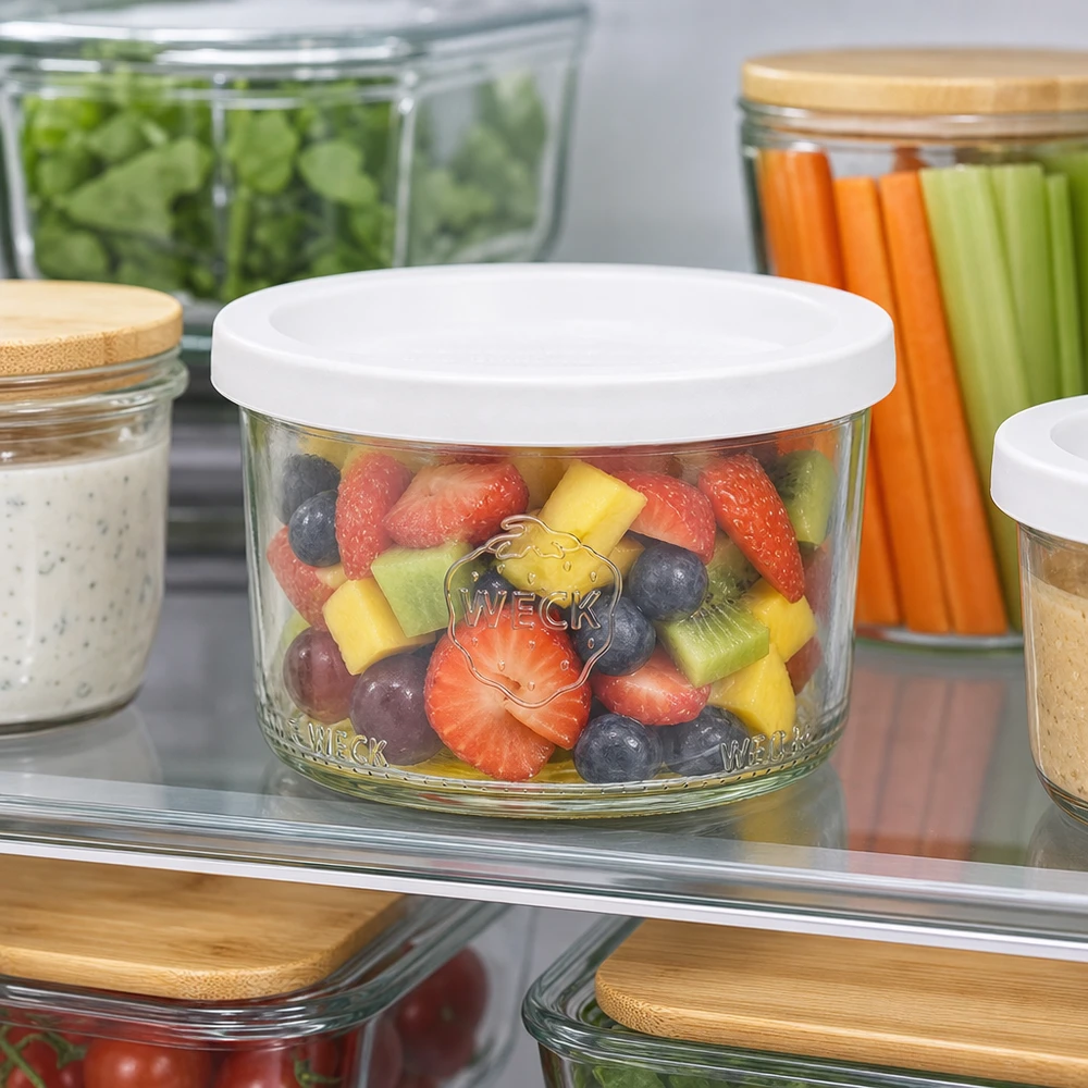 200ml Sturzglas mit Frischedeckel WECK RR80 WECK Sturzglas 200ml RR80 mit Obstsalat im Kühlschrank für Meal Prep und gesunde Snacks aufbewahrt