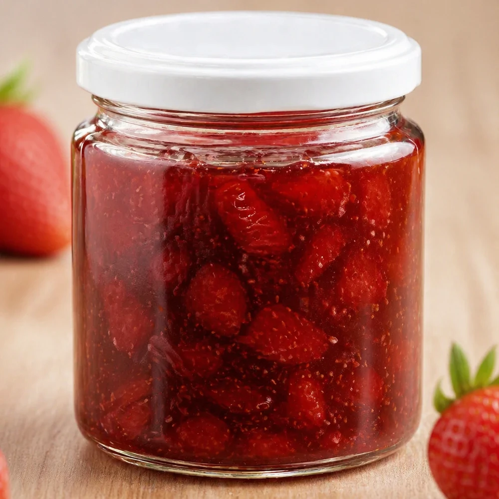 350g Honigglas + BasicSeal Deckel weiß UNiTWIST 250ml Honigglas mit weißem UNiTWIST Deckel gefüllt mit roter Erdbeermarmelade neben frischen Erdbeeren