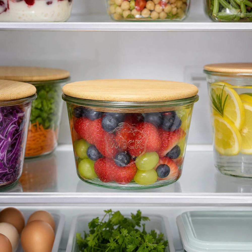 370ml Sturzglas WECK RR100 mit Holzdeckel WECK RR100 Sturzglas 370ml mit Bambusdeckel im Kühlschrank gefüllt mit frischem Obst - Erdbeeren Heidelbeeren Weintraube