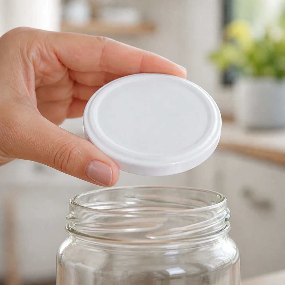 Weisser UNiTWIST Twist-Off Deckel TO58 mit BioSeal Versiegelung auf klarem Vorratsglas
