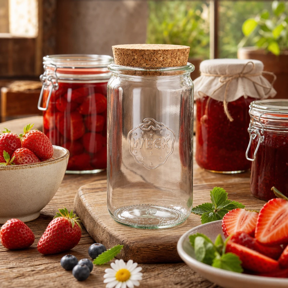 340ml Zylinderglas WECK RR60 mit Korken natur WECK 340ml Zylinderglas RR60 mit Korken natur im Küchenambiente mit frischen Erdbeeren und Einmachgläsern dekoriert
