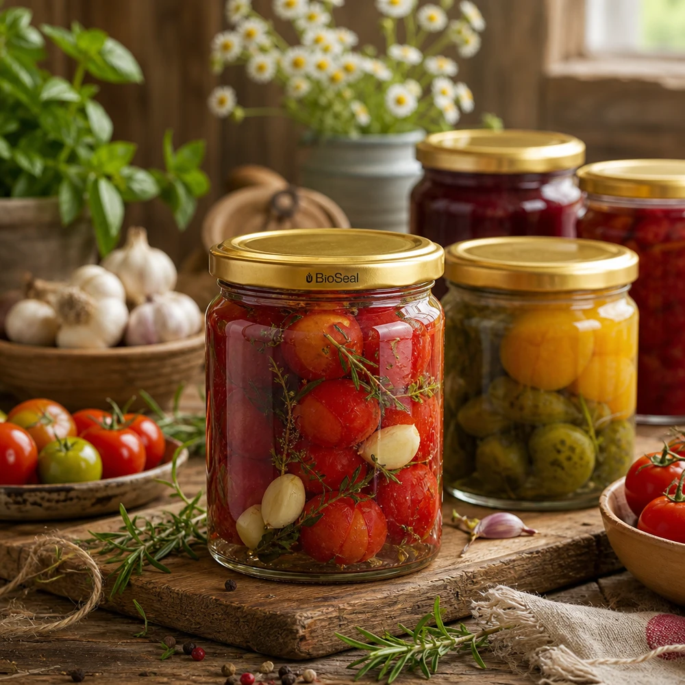 UNiTWIST Runda408 Glas mit TO82 BioSeal Deckel beim Einkochen von Tomaten und Gemüse in rustikaler Küche