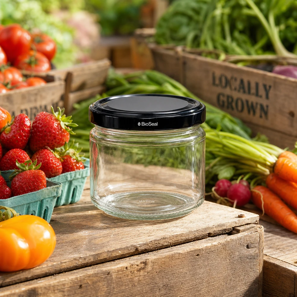 330ml Rundglas + BioSeal Deckel schwarz UNiTWIST UniTWIST Runda330 Glasdose mit TO82 Deckel inmitten frischem Gemüse und Obst auf Holzkiste