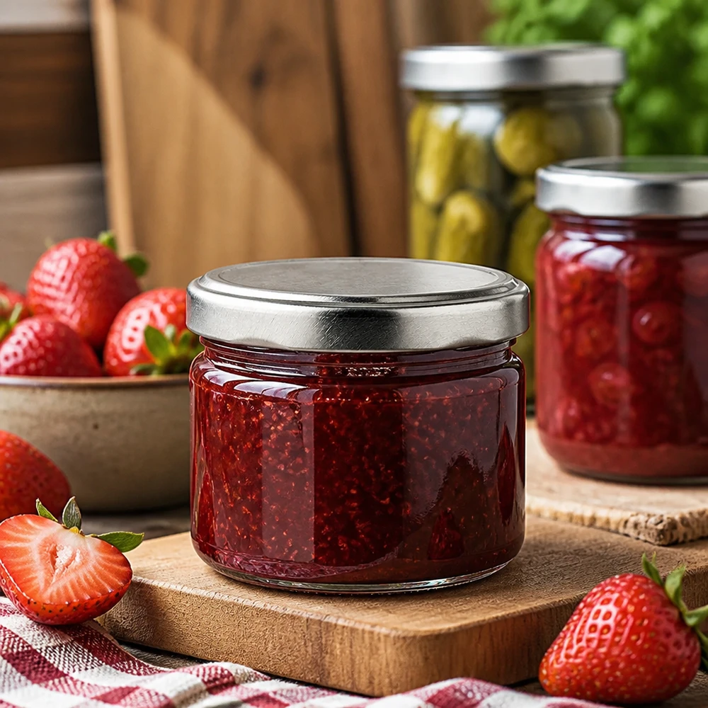 540ml Rundglas mit silbernem Deckel für Marmelade und Konfitüre, Einmachglas mit Erdbeeren auf Holztisch