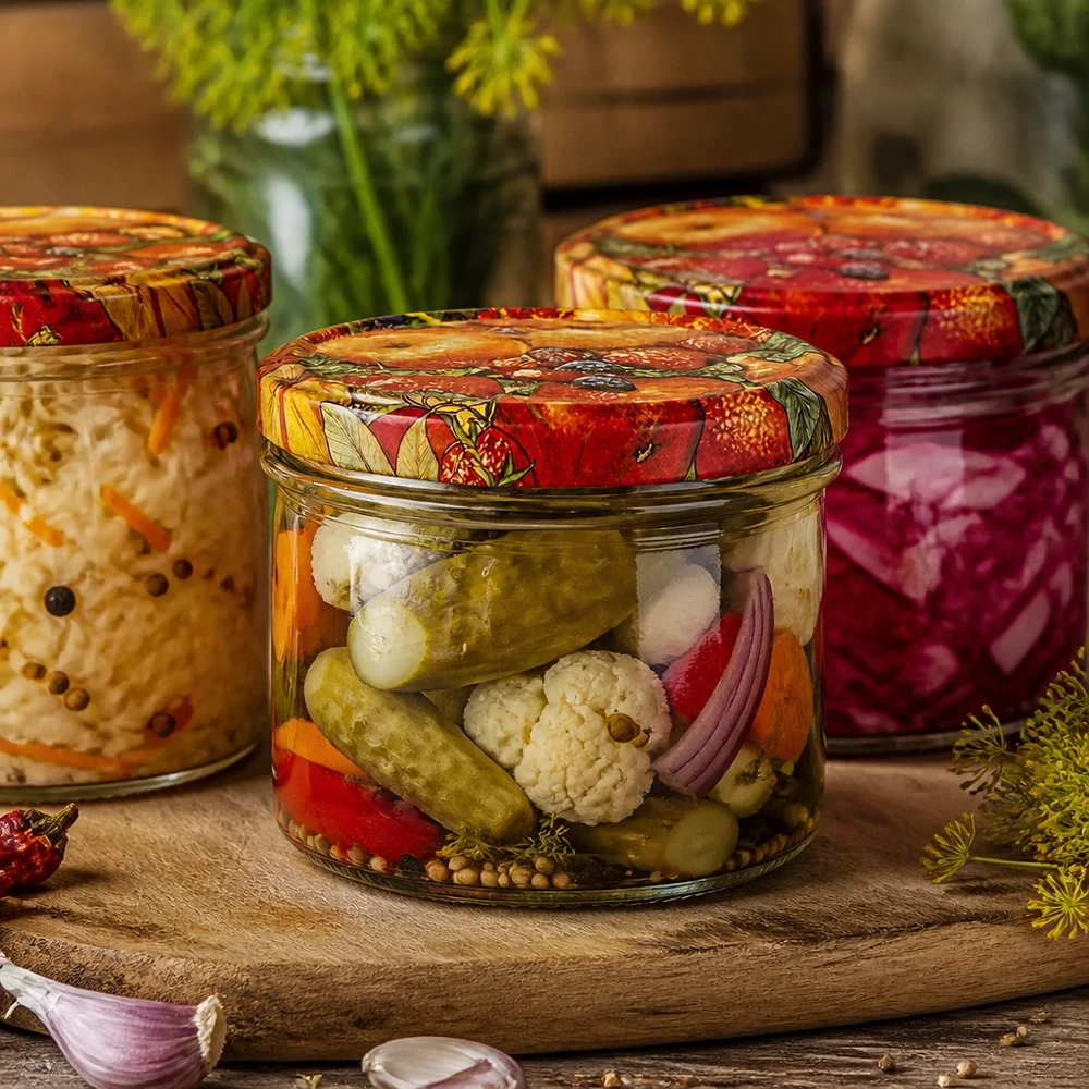 225ml Sturzglas + BasicSeal Deckel Obst-Dekor UNiTWIST 225ml Sturzglas Obst-Dekor mit eingelegtem Mischgemüse, Einmachglas für Pickles und fermentierte Konserven