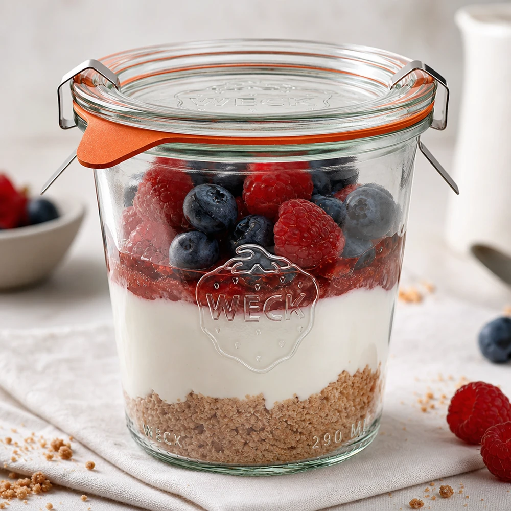 WECK Sturzglas 290ml RR80 als Dessertglas mit Joghurt Beeren und Müsli in Schichten auf weißer Oberfläche