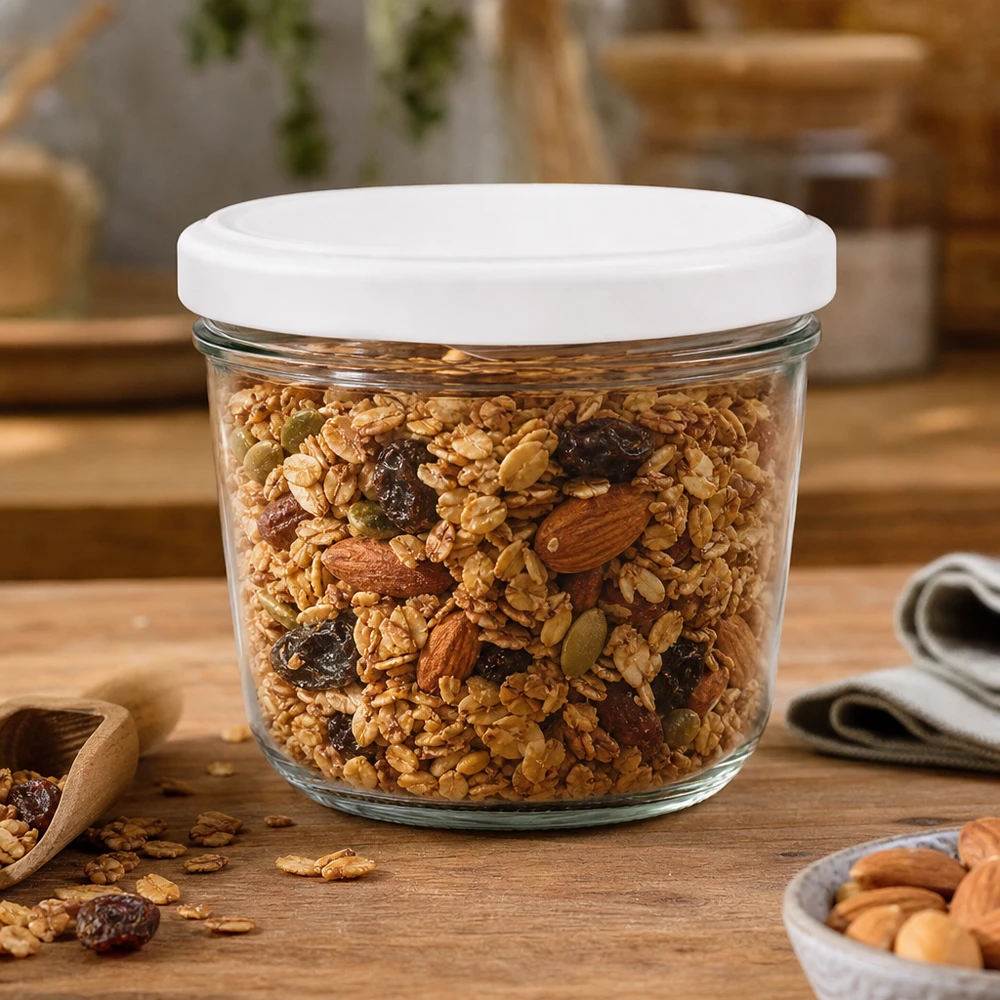 230ml Sturzglas mit BasicSeal Deckel gefüllt mit Müsli und Nüssen - perfekt für trockene Lebensmittel Lagerung