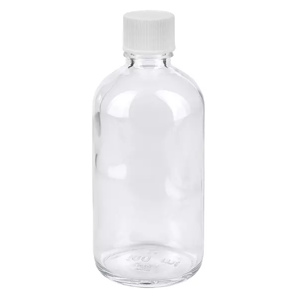 ClearLine Klarglasflasche 100ml UT18 mit weißem Verschluss für Flüssigkeiten