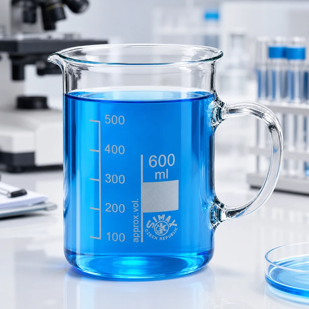 Becherglas 600ml Borosilikatglas, mit Henkel Klares Borosilikat Messbecherglas 600ml mit Henkel neben Petrischale und Mikroskop