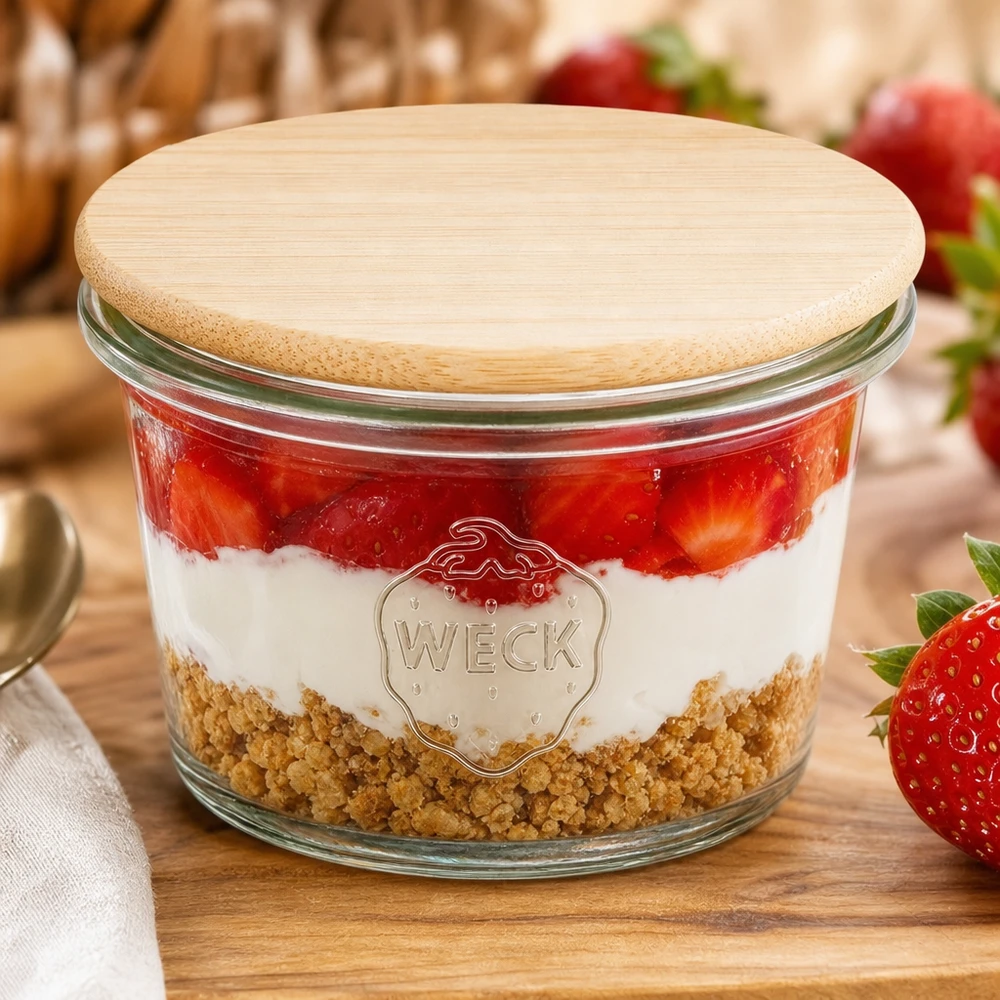 WECK Mini Sturzglas 35ml RR40 mit Bambus Holzdeckel gefüllt mit Erdbeer-Schichtdessert auf Holzbrett mit frischen Erdbee