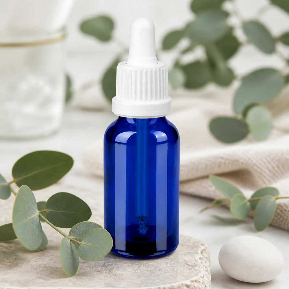 20ml Pipettenflasche weiß Originalitätsverschluss BlueLine UT18/20 Stilvolle 20ml Pipettenflasche in Kobaltblau mit weißem Verschluss für Naturkosmetik