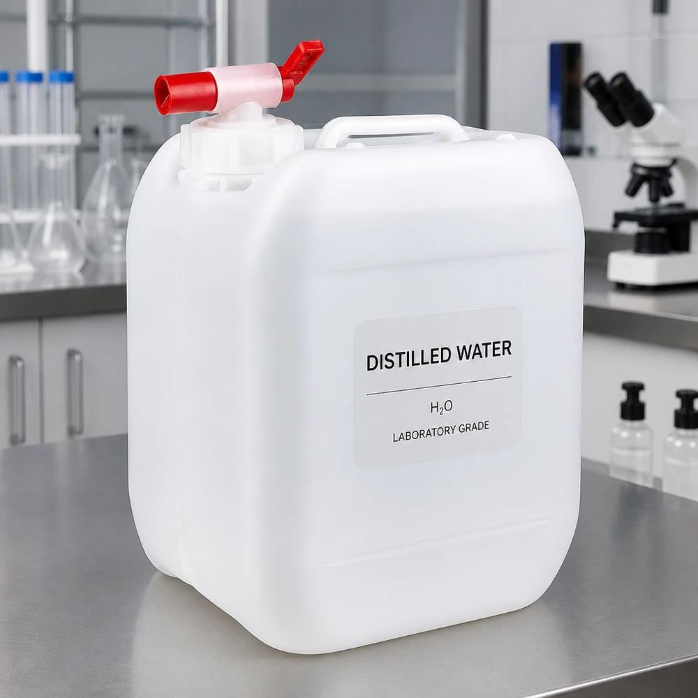 Robuster Kanister 5 Liter mit seitlichem Auslaufhahn vor Mikroskop im Laborumfeld