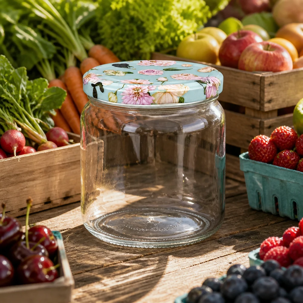 425ml Rundglas mit BasicSeal Deckel Blume mint Design zwischen frischem Obst und Gemüse - Vorratsglas für Küche