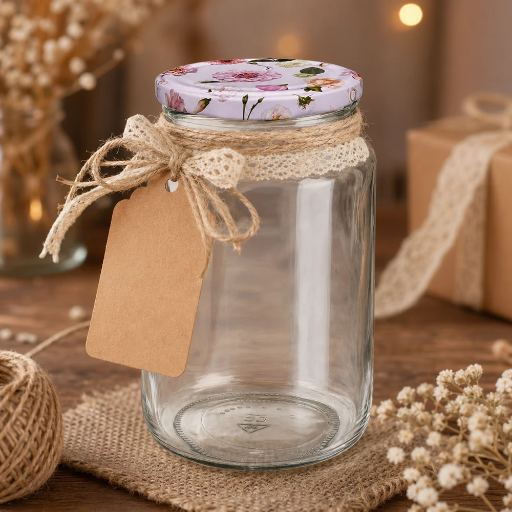 795ml Rundglas leer mit BasicSeal Deckel rosa Blumen rustikale Dekoration Juteschnur Kraftpapier Anhänger Geschenkverpac