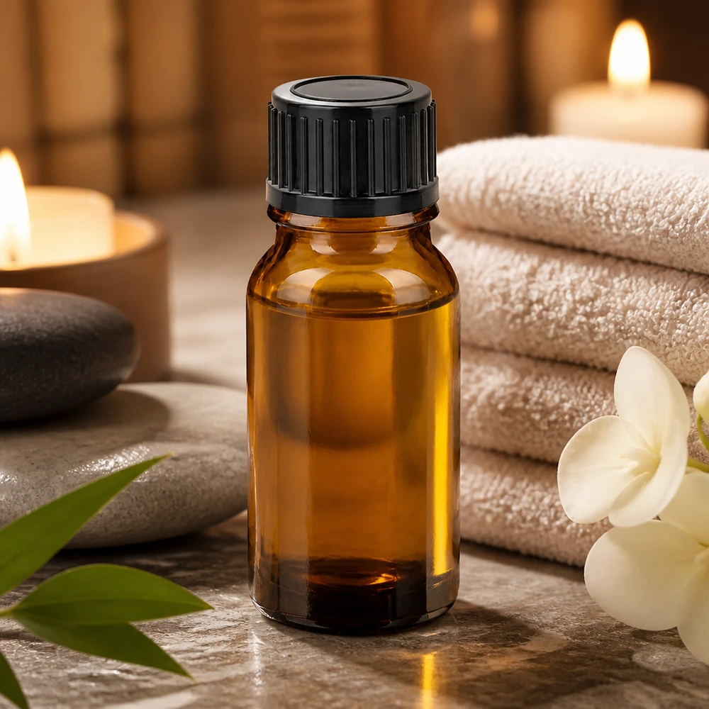 10ml Glasflasche in warmer Bernsteinoptik mit mattschwarzem Verschluss für Wellness-Produkte