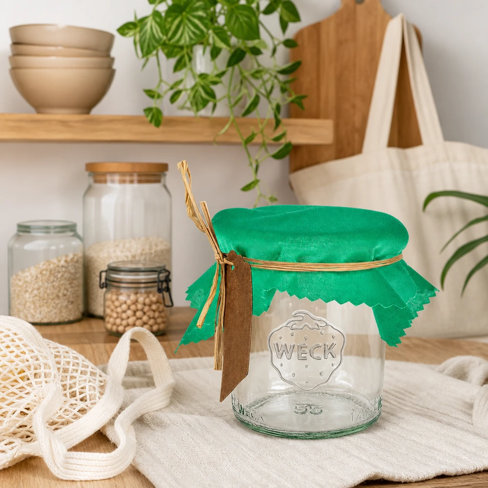Stoff Schmuckdeckchen grün 12cm eckig Grünes Schmuckdeckchen 12cm eckig auf WECK Glas in nachhaltiger Zero-Waste Küche mit Vorratsbehältern und Jutebeutel