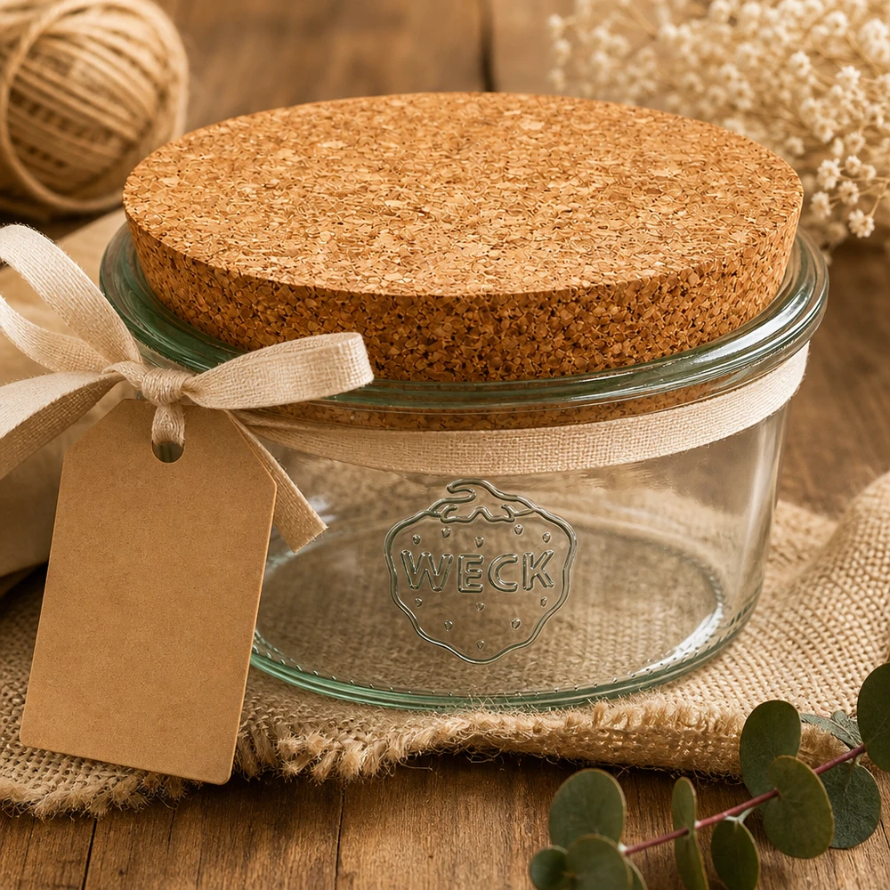 165ml Sturzglas WECK RR80 mit Korken natur WECK Sturzglas 165ml RR80 mit Korken im rustikalen Dekor mit Geschenkanhänger natürliche Aufbewahrung