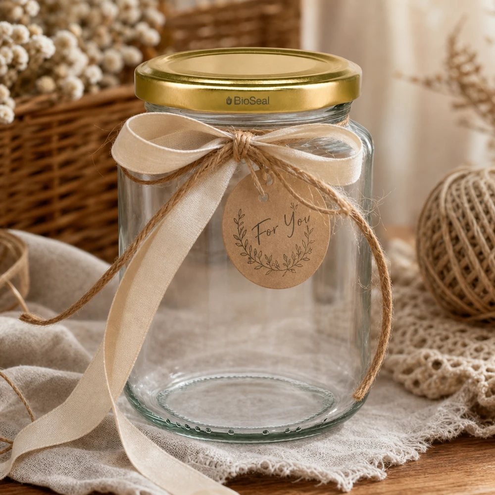UNiTWIST Runda382 Geschenkverpackung mit Schleife und Anhänger, goldener TO66 BioSeal Deckel, dekoratives Einmachglas