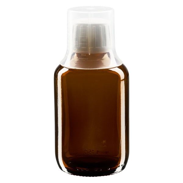 150ml Medizinflasche braun, Verschluss Originalitätsverschluss mit Dosierbecher 30ml ApoGlas
