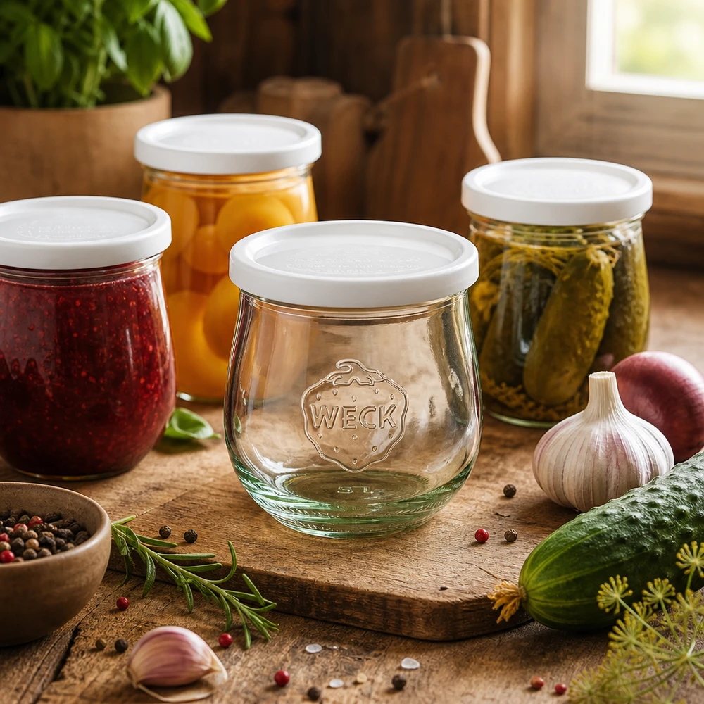 370ml Tulpenglas mit Frischedeckel WECK RR80 WECK Tulpenglas 370ml RR80 in Küchenszene mit Eingemachtem, Gewürzen und Kräutern auf Holzbrett arrangiert