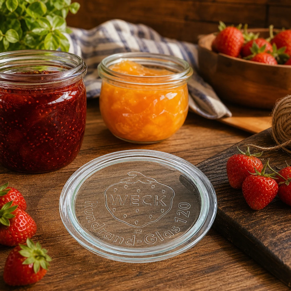 WECK Glasdeckel RR120 WECK Glasdeckel RR120 für stilvolle Marmeladengläser und Konservierung von Obst in rustikaler Küche mit Erdbeeren