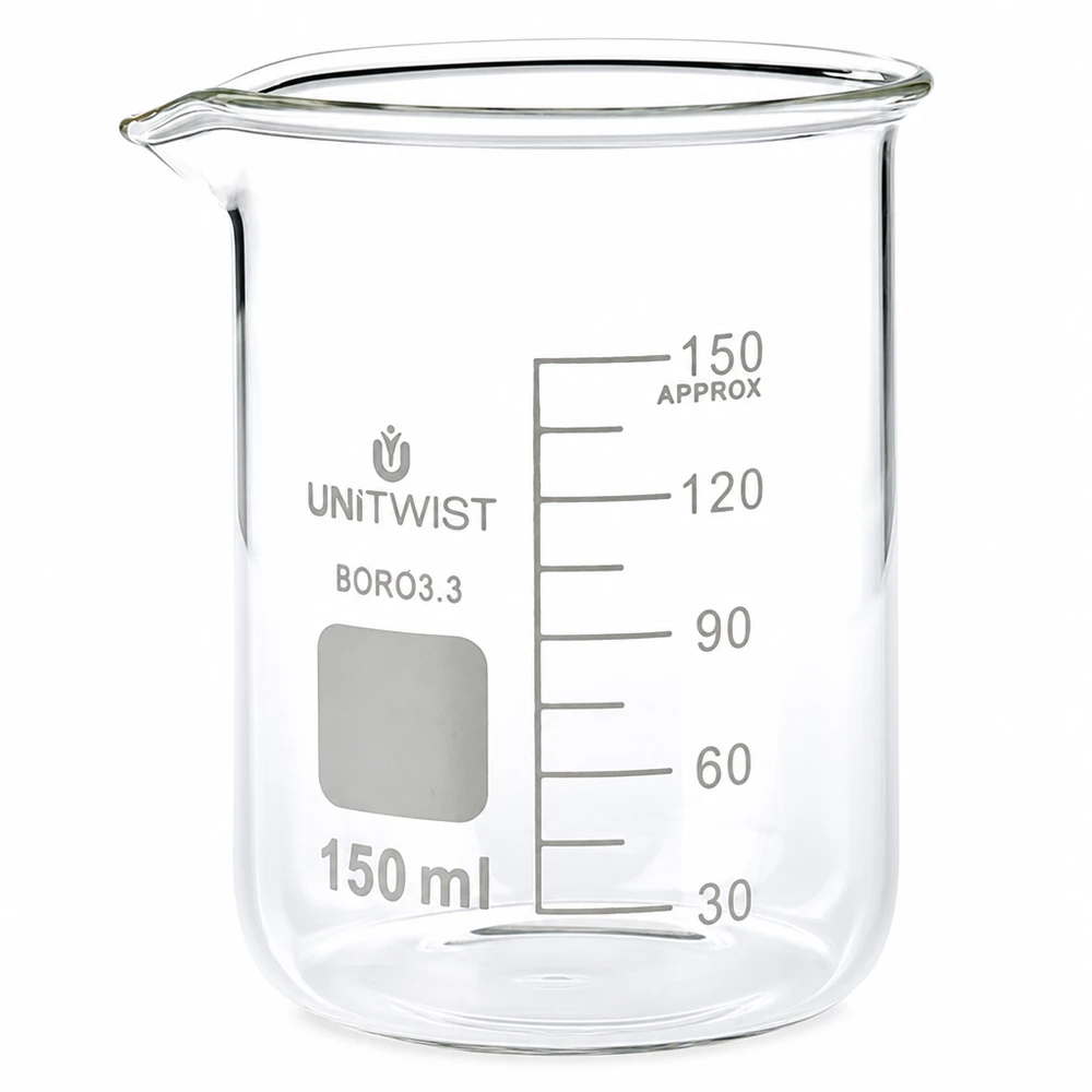 Becherglas niedrige Form 150ml UNiTwist Borosilikatglas mit Beschriftungsfeld und Skala