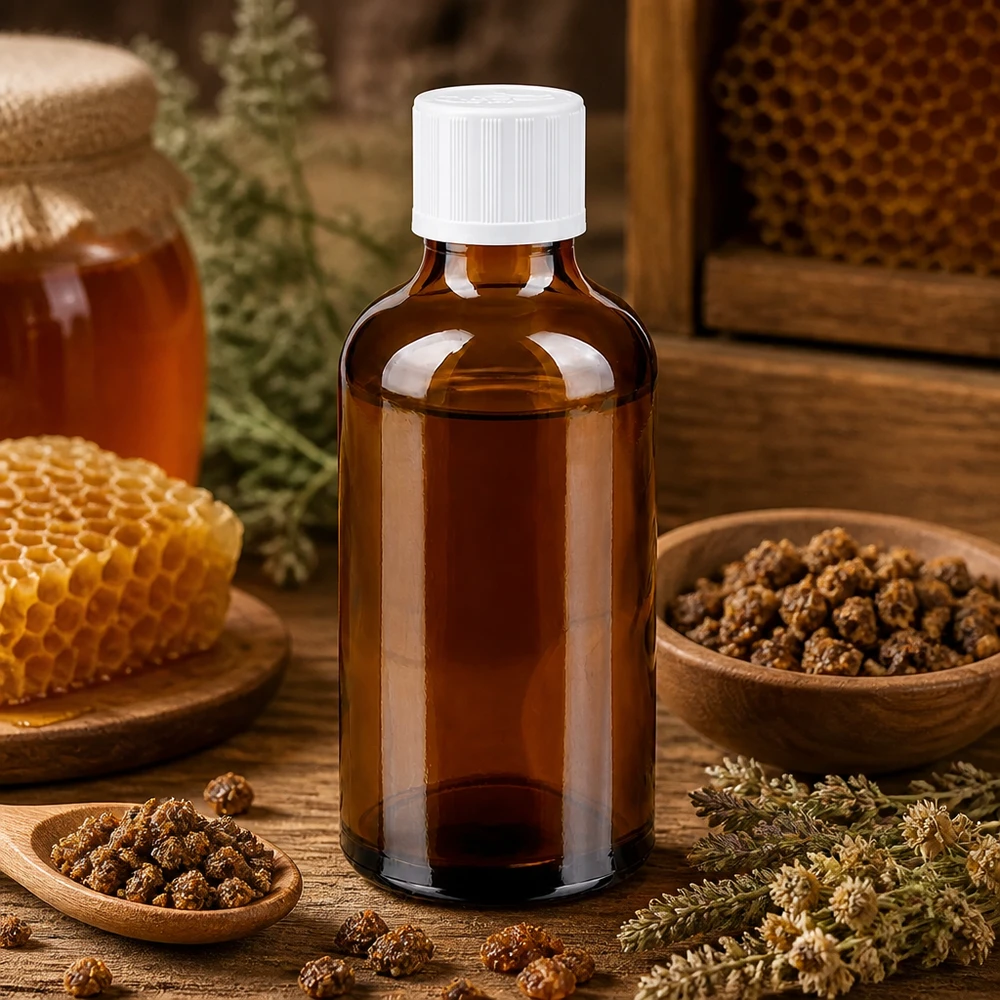 Apothekenflasche braun 50ml Schraubverschluss weiß Kindersicherung Standard 50ml Braunglas Apothekerfl. mit weißem Sicherheitsverschluss neben Waben Honig und Heilkräutern