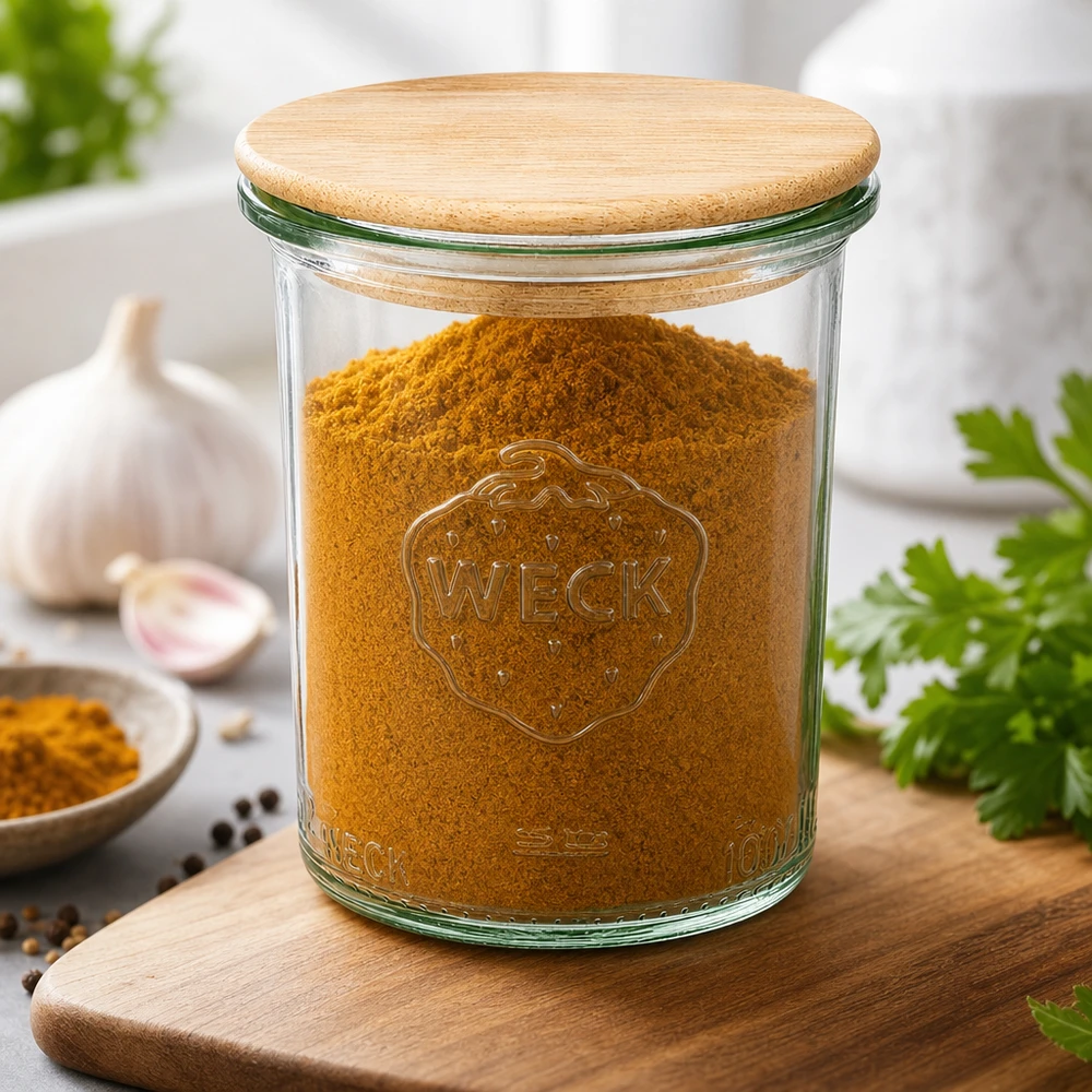 160ml Sturzglas WECK RR60 mit Holzdeckel WECK Sturzglas 160ml RR60 mit Bambusdeckel gefüllt mit Kurkuma Gewürzen Küchenboard Knoblauch Kräuter