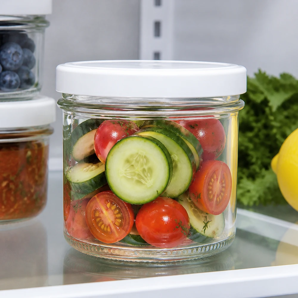Kühlschrankorganisation mit 125ml Sturzgläsern weißer Deckel für Salat UNiTWIST 24er Set