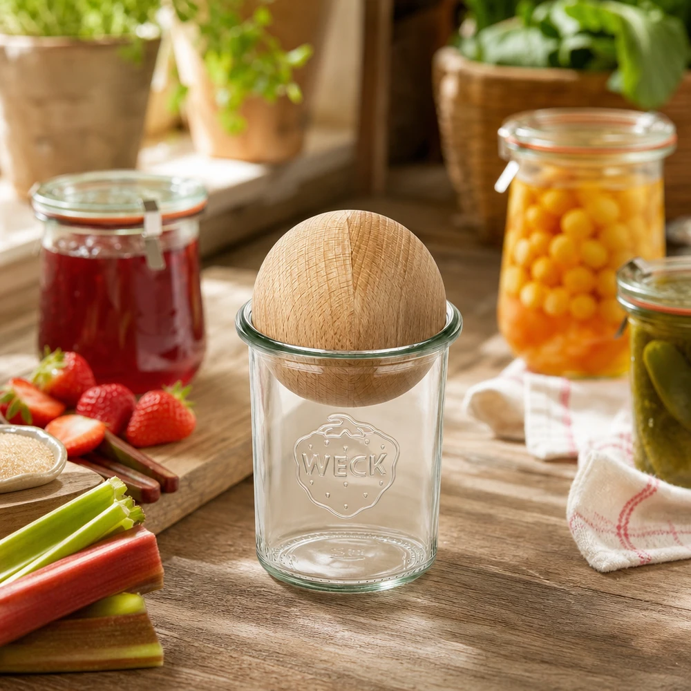 160ml Sturzglas WECK RR60 mit Holzkugel Buche WECK Sturzglas 160ml mit Buchenkugel in rustikaler Küche neben Marmeladengläsern und frischen Zutaten dekoriert