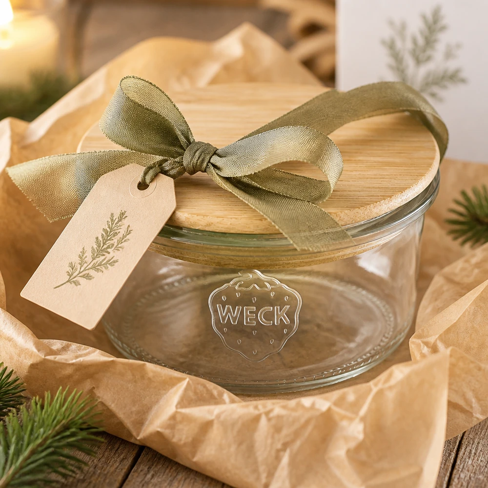 WECK Sturzglas 165ml RR80 als Geschenkset mit grüner Schleife und Anhänger auf Holztisch weihnachtlich dekoriert